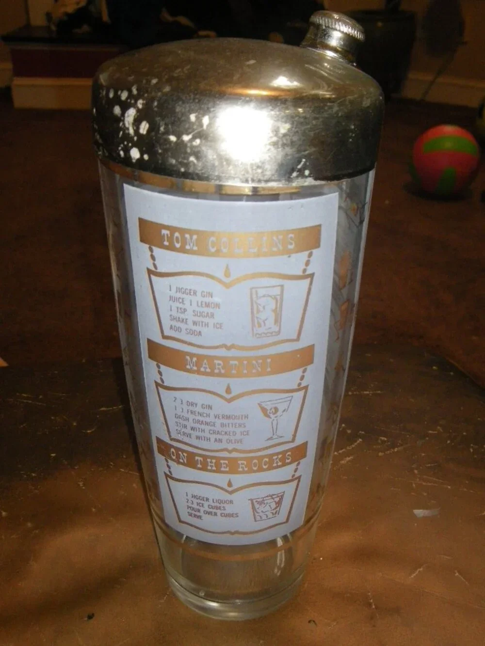 Vintage Large Classic Glass Cocktail Shaker w/ Metal Top Drink Recipe Graphics